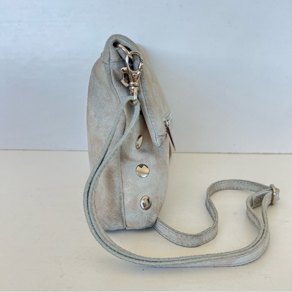 HAMMITT VIP Gray w Pewter Silver Suede Distressed Flap Strap Medium Crossbody - Picture 4 of 16